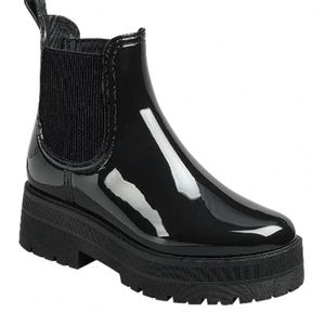 New Black Patent Chelsea Platform Rain Boots Ankle Booties